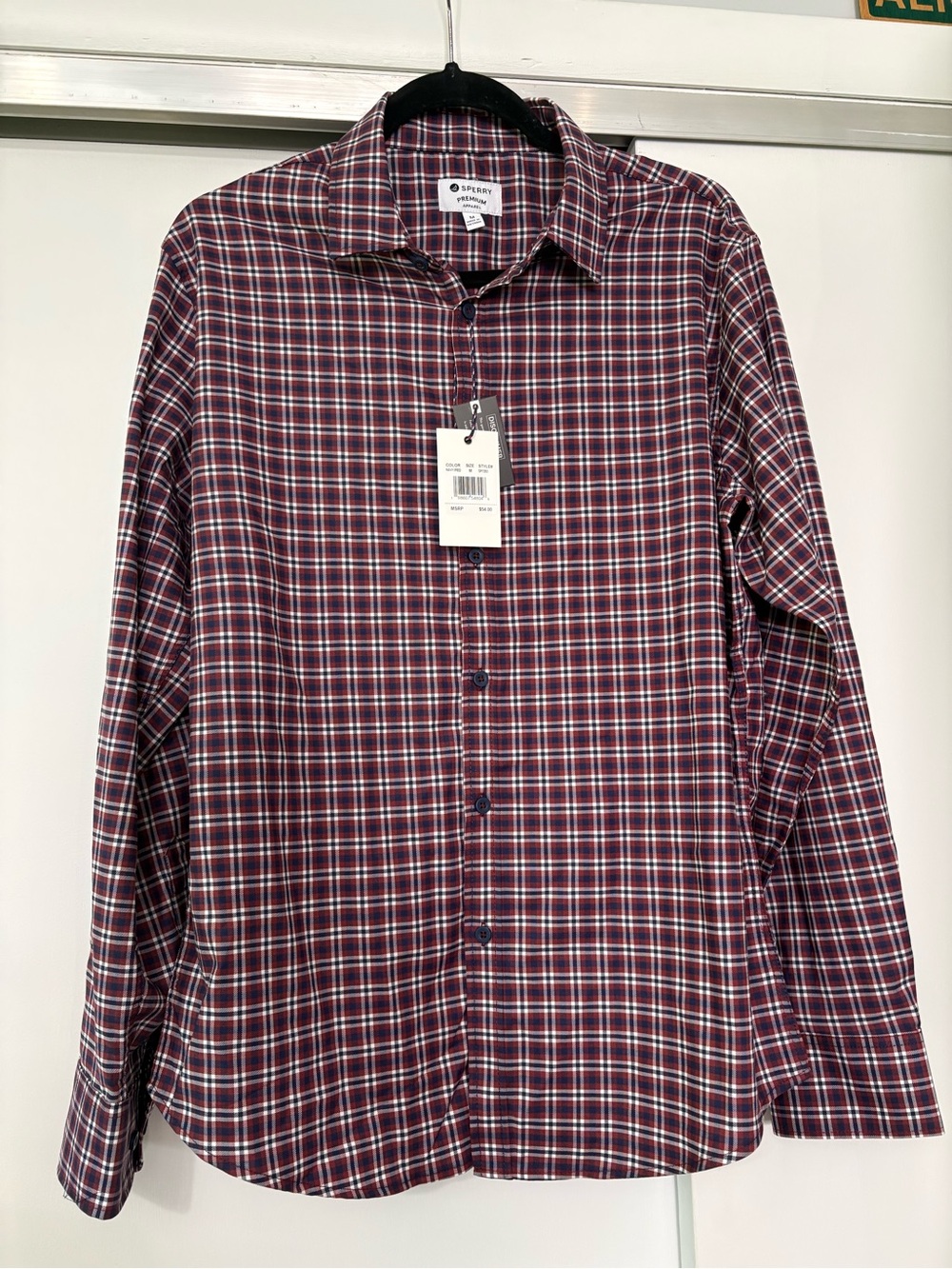NWT Sperry Men's size Medium Red, Navy & White Plaid Tencel Button-Down Shirt